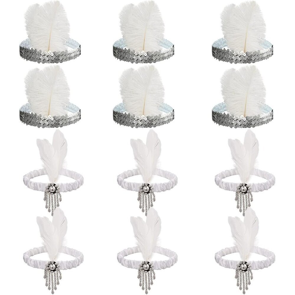 12pcs Flapper Headbands Set Feather Crystal Beads for Gatsby 1920s Party